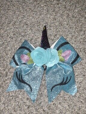 Sparkling Teal Unicorn Hair Bow with Flowers